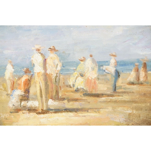 486 - Framed Impressionist style Oil Painting of a busy Victorian Beach scene with figures, 26.5cm x 36cm