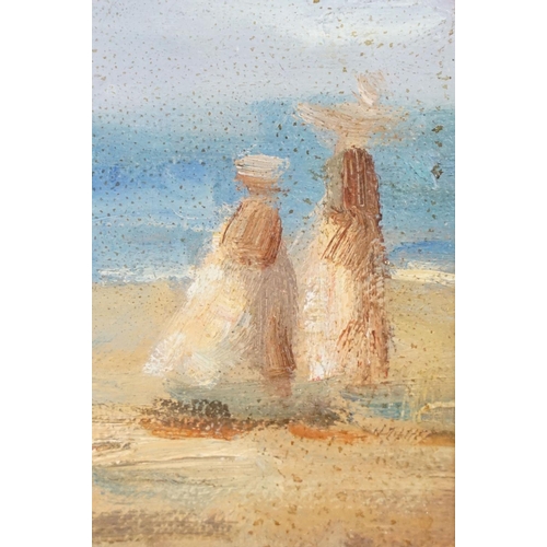 486 - Framed Impressionist style Oil Painting of a busy Victorian Beach scene with figures, 26.5cm x 36cm