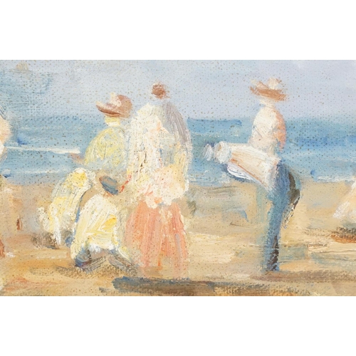 486 - Framed Impressionist style Oil Painting of a busy Victorian Beach scene with figures, 26.5cm x 36cm