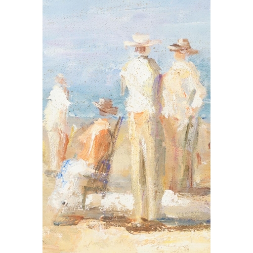 486 - Framed Impressionist style Oil Painting of a busy Victorian Beach scene with figures, 26.5cm x 36cm