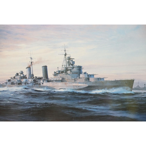 489 - Two Robert Taylor prints to include a HMS Belfast print signed by Captain Sir Frederick Parham, and ... 