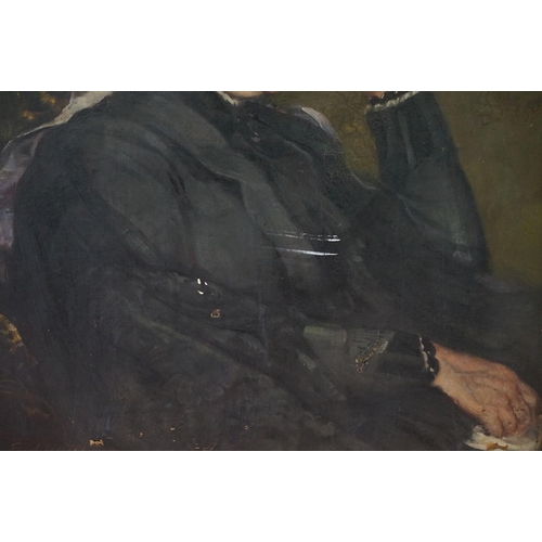 499 - Frederic Yates (British, 1854-1919) - Oil on canvas portrait of a seated lady set within a moulded g... 