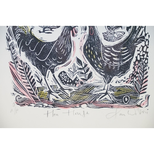 502 - 20th century Two Framed Signed Linocuts, an Artist’s Proof Study of Hen House by Sam Wilson, and a S... 