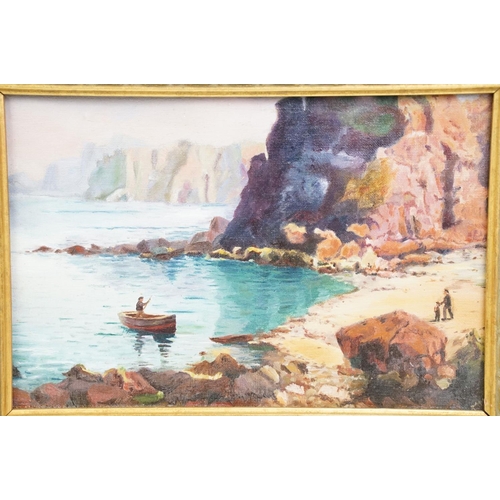 503 - Michael Matthews Oil on Canvas View of an English Coastal Cove with figures on beach and man in boat... 