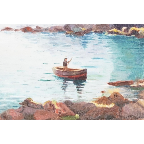 503 - Michael Matthews Oil on Canvas View of an English Coastal Cove with figures on beach and man in boat... 