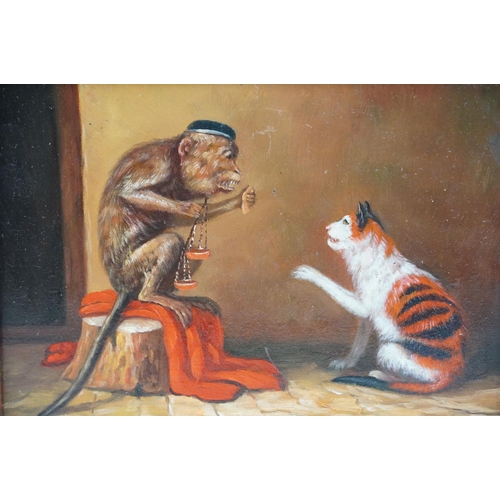 504 - Oil on Panel, Satirical Scene with Cat and Monkey holding a set of scales,