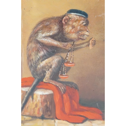 504 - Oil on Panel, Satirical Scene with Cat and Monkey holding a set of scales,