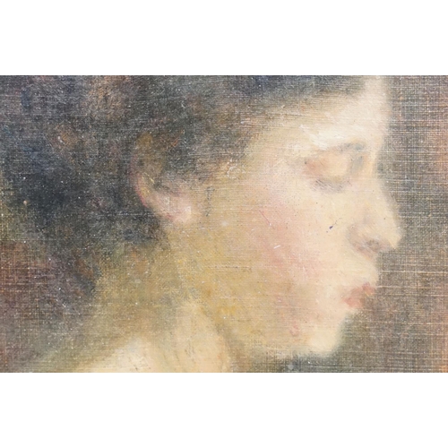 508 - Early 20th century English School Pierced Gilt Framed Oil Painting Portrait of a Girl in profile, 16... 