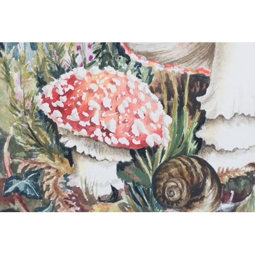 519 - Elizabeth De Lisle, Framed Watercolour of a Nature Scene with Snail amongst Ferns and Mushrooms, 24c... 