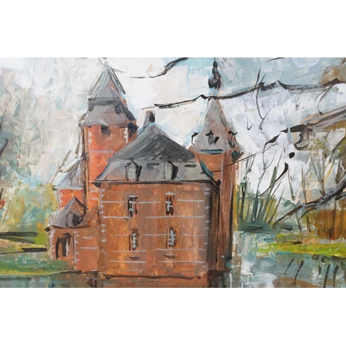 520 - 20th century oil on board painting of a Belgian chateau, signed & dated 1971, approx 71cm x 54cm, fr... 