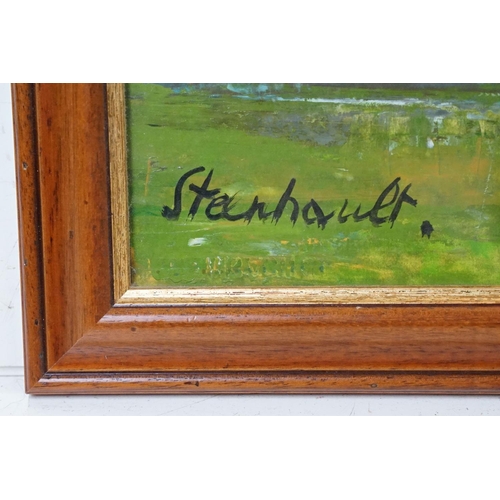 520 - 20th century oil on board painting of a Belgian chateau, signed & dated 1971, approx 71cm x 54cm, fr... 