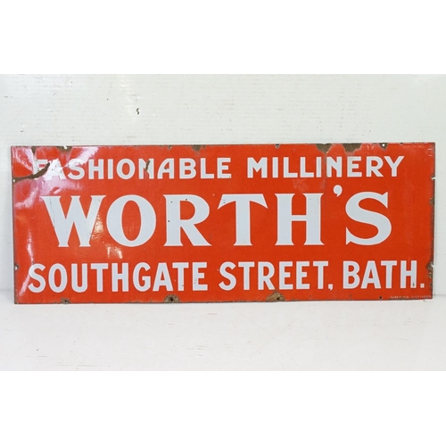 522 - Early 20th Century local interest Worth's Fashionable Millinery Southgate Street, Bath enamel sign h... 