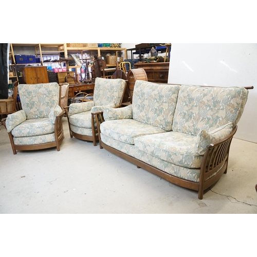 571 - Ercol ' Renaissance ' Elm High Back Three Piece Suite with floral pattern upholstery comprising Sofa... 