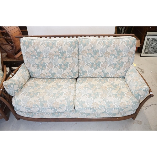 571 - Ercol ' Renaissance ' Elm High Back Three Piece Suite with floral pattern upholstery comprising Sofa... 