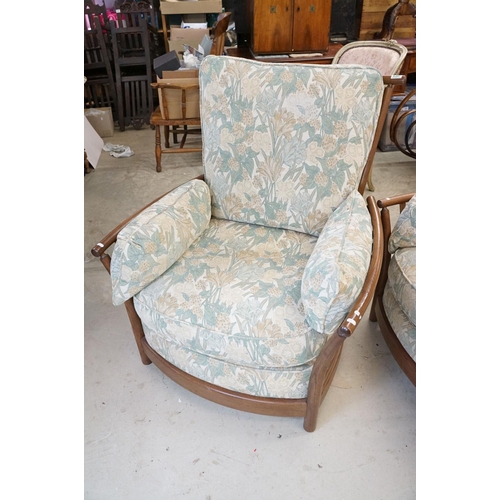 571 - Ercol ' Renaissance ' Elm High Back Three Piece Suite with floral pattern upholstery comprising Sofa... 