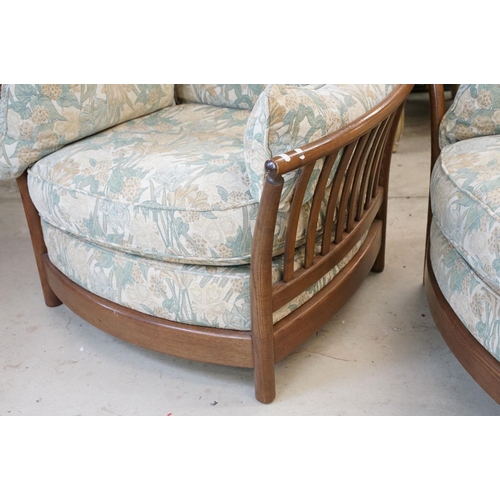 571 - Ercol ' Renaissance ' Elm High Back Three Piece Suite with floral pattern upholstery comprising Sofa... 