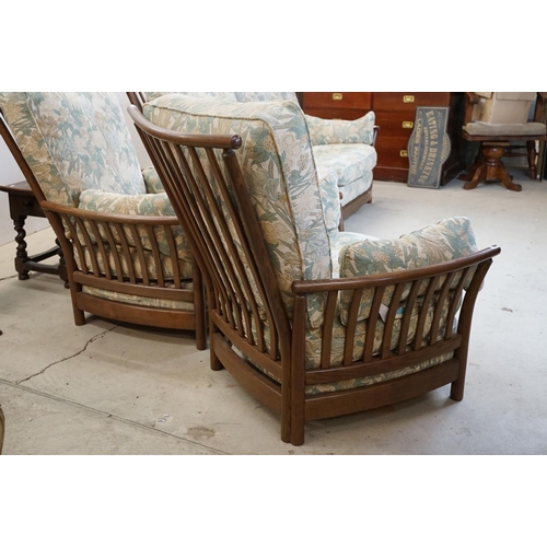 571 - Ercol ' Renaissance ' Elm High Back Three Piece Suite with floral pattern upholstery comprising Sofa... 