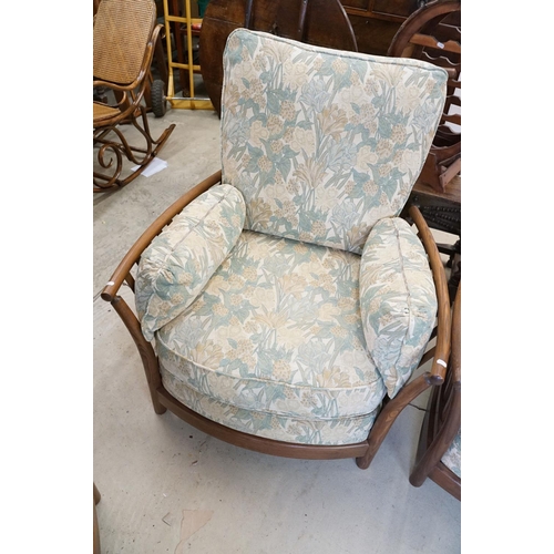 571 - Ercol ' Renaissance ' Elm High Back Three Piece Suite with floral pattern upholstery comprising Sofa... 