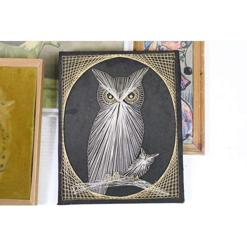 428 - A collection framed pictures and prints together with a thread work owl