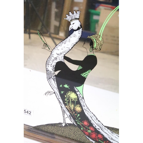 542 - Advertising Mirror - ' Vogue ' decorated with a 1920's lady riding a peacock, 50cm x 60cm