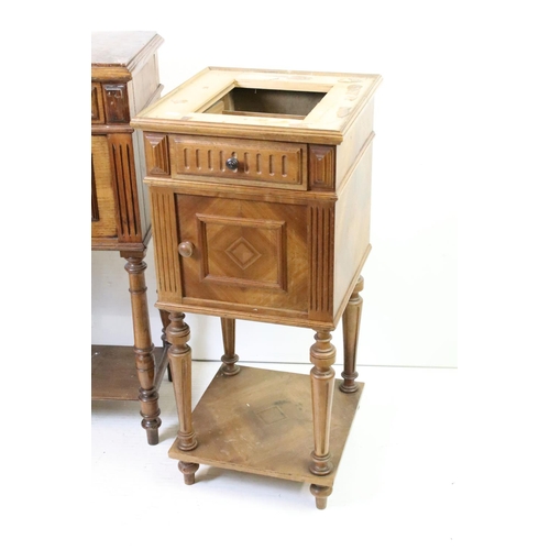 544 - Three French Walnut Pot Cupboards, two with marble tops, one lacking marble top, largest 88cm high x... 