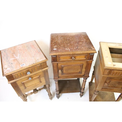 544 - Three French Walnut Pot Cupboards, two with marble tops, one lacking marble top, largest 88cm high x... 