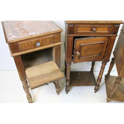 544 - Three French Walnut Pot Cupboards, two with marble tops, one lacking marble top, largest 88cm high x... 