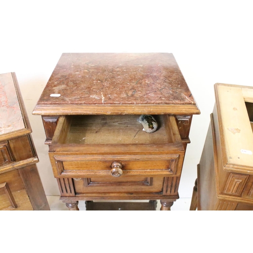 544 - Three French Walnut Pot Cupboards, two with marble tops, one lacking marble top, largest 88cm high x... 