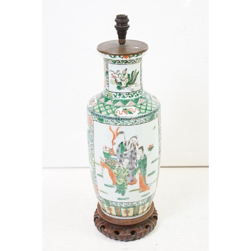 100A - Chinese Porcelain Famille Verte Table Lamp of Rouleau form, decorated with panels of figures, with w... 