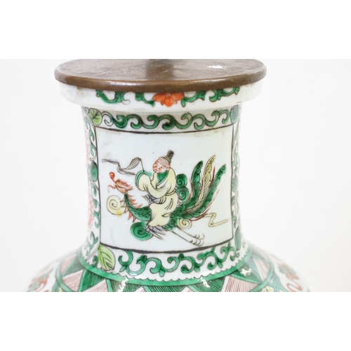 100A - Chinese Porcelain Famille Verte Table Lamp of Rouleau form, decorated with panels of figures, with w... 