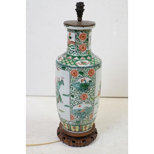 100A - Chinese Porcelain Famille Verte Table Lamp of Rouleau form, decorated with panels of figures, with w... 