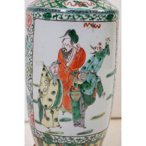 100A - Chinese Porcelain Famille Verte Table Lamp of Rouleau form, decorated with panels of figures, with w... 