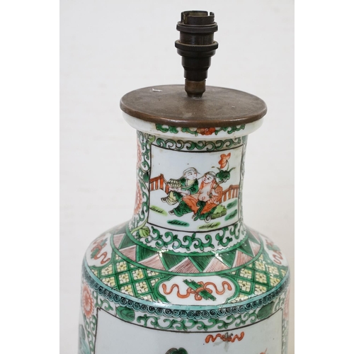 100A - Chinese Porcelain Famille Verte Table Lamp of Rouleau form, decorated with panels of figures, with w... 