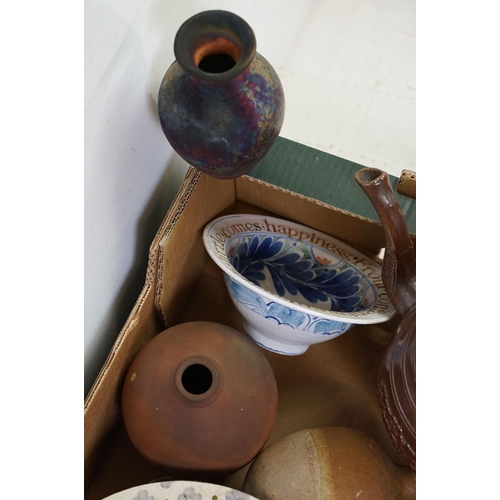 105 - Collection of mixed ceramics / studio pottery to include a Raku glazed studio pottery vase by Julie ... 