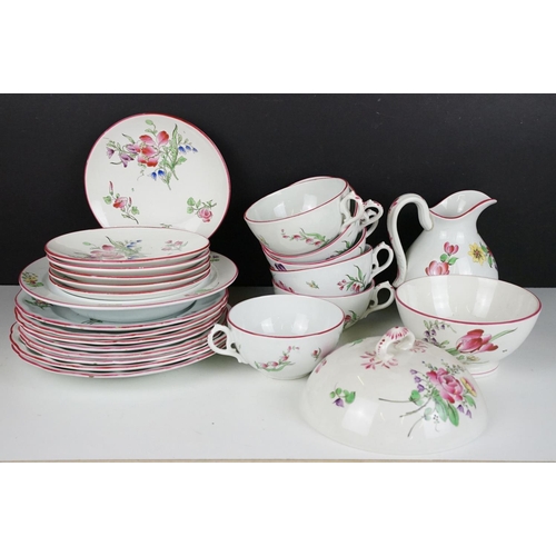 31 - French Luneville part tea service having floral printed details and pink rims. Printed black marks t... 