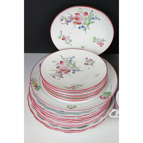 31 - French Luneville part tea service having floral printed details and pink rims. Printed black marks t... 