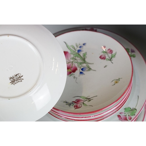 31 - French Luneville part tea service having floral printed details and pink rims. Printed black marks t... 