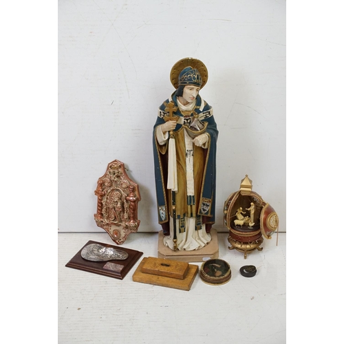 32 - Composite St Brendan figurine having hand painted details, together with a lustre glazed religious w... 