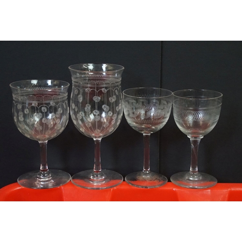 33 - Assorted 20th Century glass to include assorted etched sherry glasses,  LSA green glass vase, amber ... 