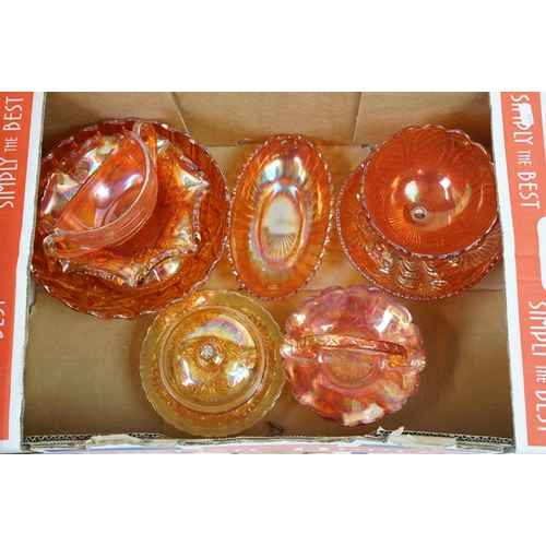 64 - Collection of amber / orange carnival glass, 19 pieces, to include vases, bowls & dishes of vary for... 