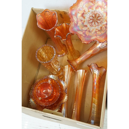 64 - Collection of amber / orange carnival glass, 19 pieces, to include vases, bowls & dishes of vary for... 