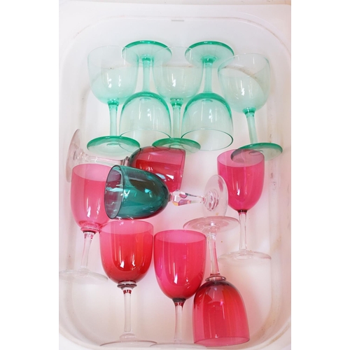 91 - Mixed glass & ceramics to include a set of 6 cranberry glasses, uranium glasses, S.B&S Anchor China ... 