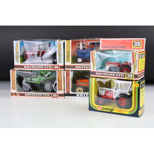 1085 - Six boxed diecast model tractors to include 5 x Britains (9526 Deutz, 9522 Massey Ferguson, 9520 Mas... 