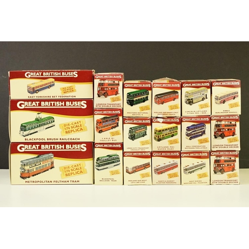 1060 - 18 Boxed Atlas Editions Great British Buses 1/76 scale diecast models. (Diecast ex, boxes show some ... 