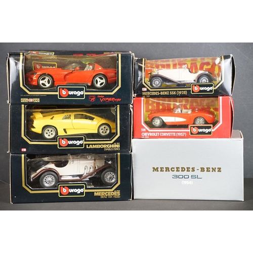 1129 - Six boxed 1/18 and 1/24 scale Burago diecast models to include Mercedes-Benz 300 SL 1954, Lamborghin... 