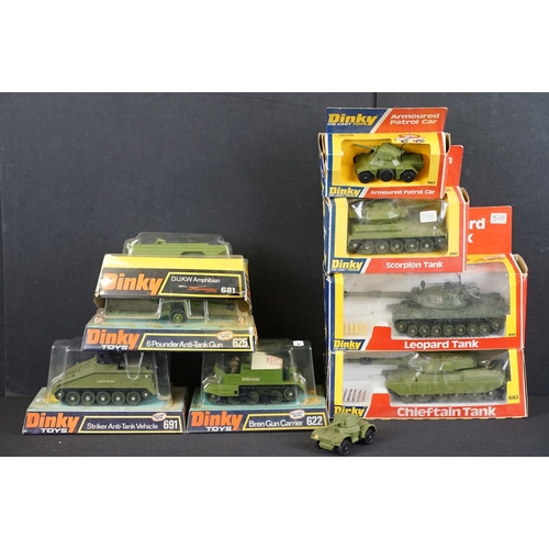 1189 - Eight boxed Dinky military diecast models to include 681 DUKW Amphibian Speedwheels, 625 6 Pounder A... 