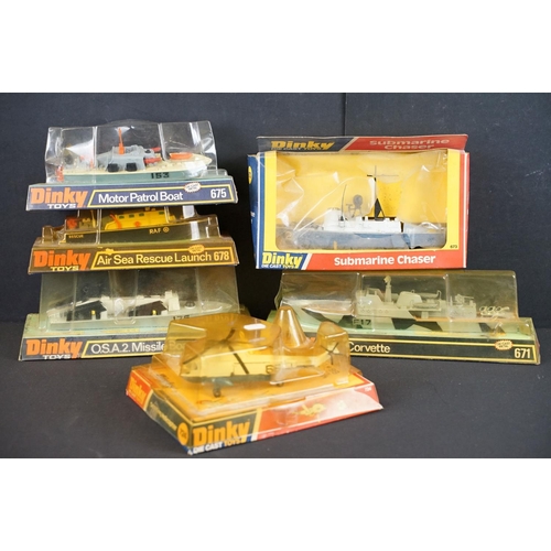 1191 - Six boxed Dinky diecast models to include 672 OSA2 Missile Boat, 673 Submarine Chaser, 675 Motor Pat... 