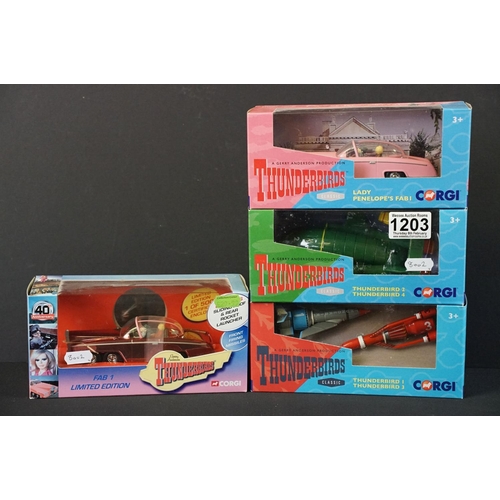 1203 - Four boxed / cased Corgi Hornby Thunderbirds diecast models to include CC00901 Thunderbirds 1 & 3, C... 