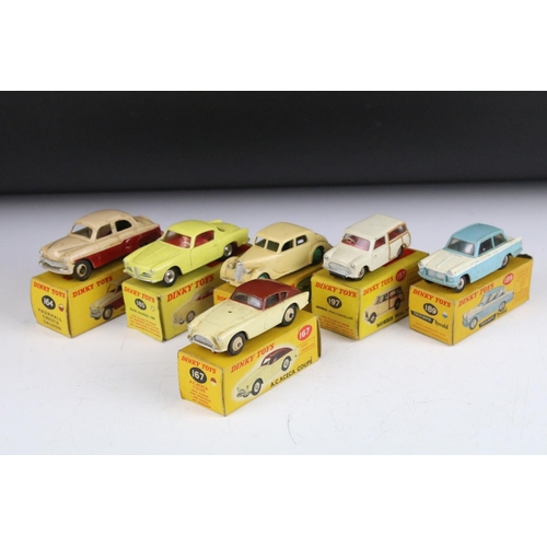 1352 - Six boxed Dinky diecast models to include 158 Riley Saloon in cream with green hubs, 164 Vauxhall Cr... 