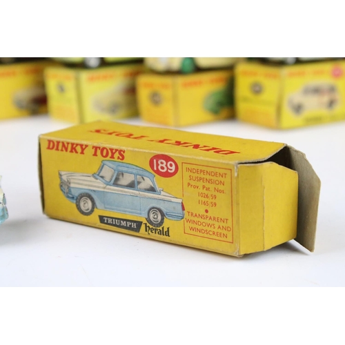 1352 - Six boxed Dinky diecast models to include 158 Riley Saloon in cream with green hubs, 164 Vauxhall Cr... 